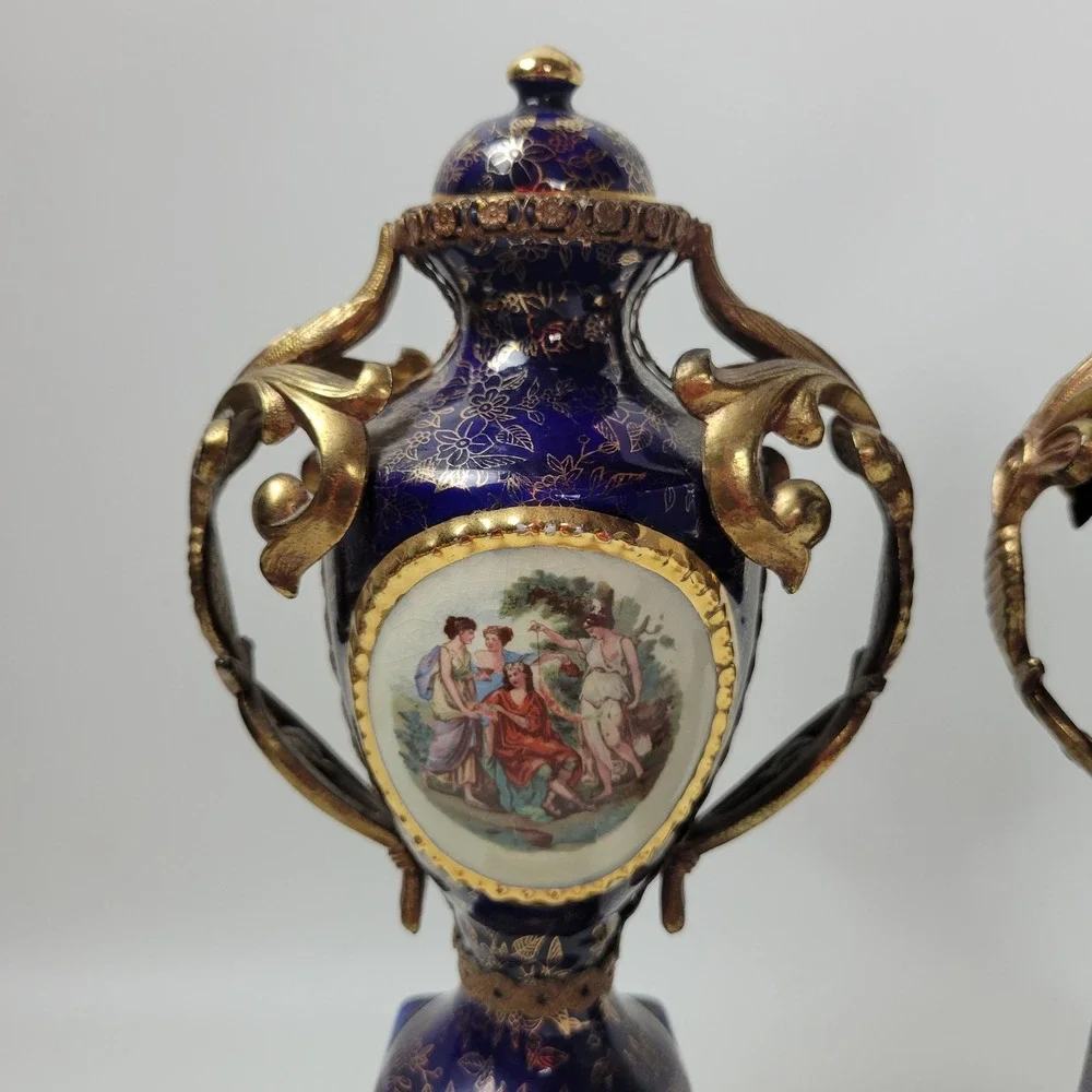 Empire Porcelain Cobalt Gold Gilded Urn Centerpiece 3pc Garniture Set England